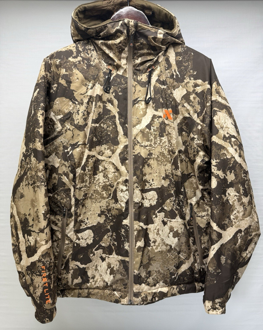 FIRST LITE Aurora Jacket Womens Size XL Hooded Insulated Brown Fusion Camo